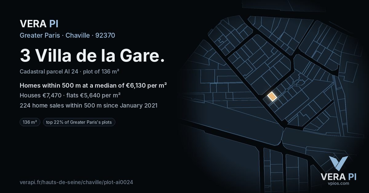 3 Villa de la Gare, Chaville at night – the plot lit, the parcels around coloured by the prices near them