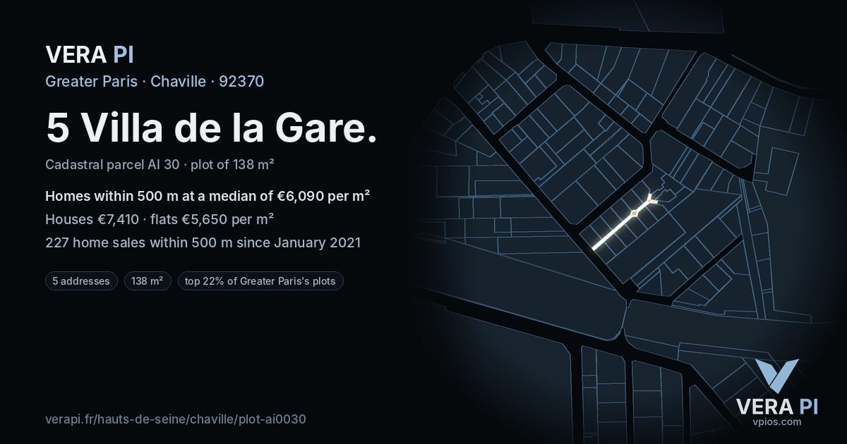 5 Villa de la Gare, Chaville at night – the plot lit, the parcels around coloured by the prices near them