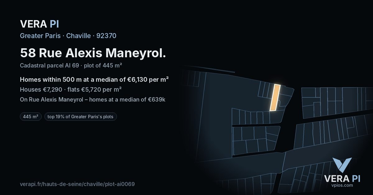 58 Rue Alexis Maneyrol, Chaville at night – the plot lit, the parcels around coloured by the prices near them