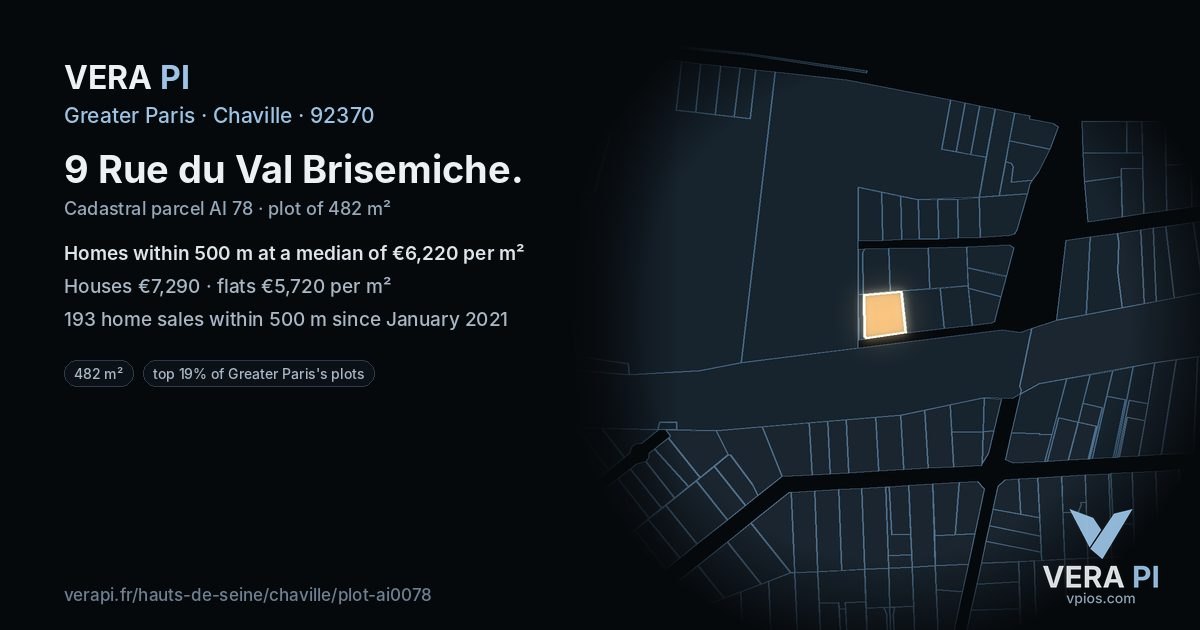 9 Rue du Val Brisemiche, Chaville at night – the plot lit, the parcels around coloured by the prices near them