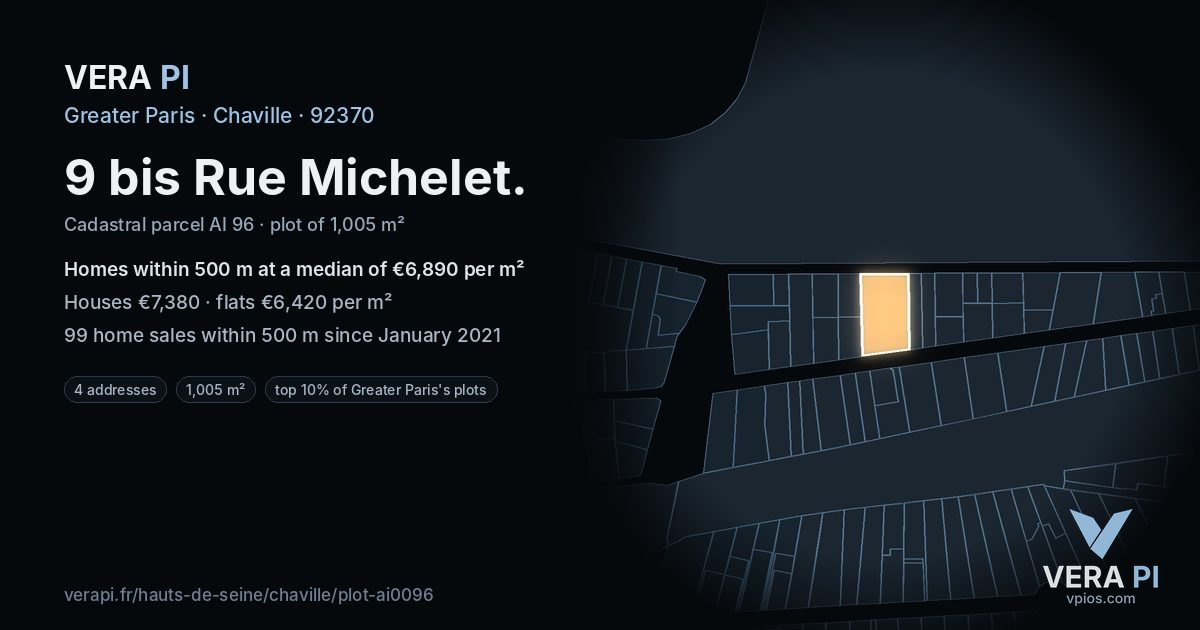 9 bis Rue Michelet, Chaville at night – the plot lit, the parcels around coloured by the prices near them