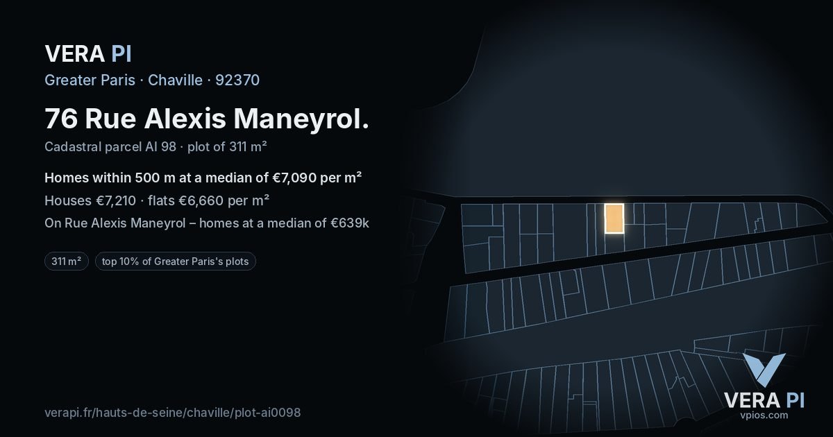 76 Rue Alexis Maneyrol, Chaville at night – the plot lit, the parcels around coloured by the prices near them
