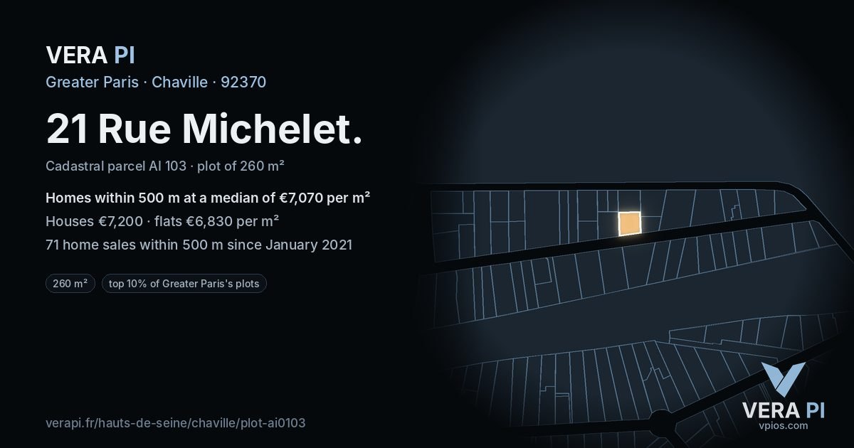 21 Rue Michelet, Chaville at night – the plot lit, the parcels around coloured by the prices near them