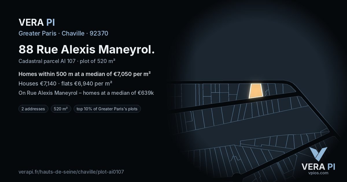 88 Rue Alexis Maneyrol, Chaville at night – the plot lit, the parcels around coloured by the prices near them
