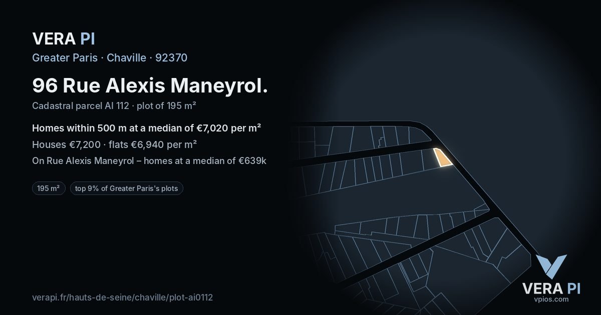 96 Rue Alexis Maneyrol, Chaville at night – the plot lit, the parcels around coloured by the prices near them