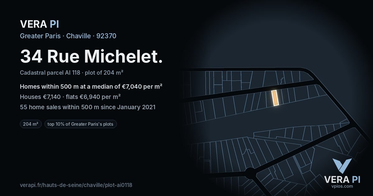 34 Rue Michelet, Chaville at night – the plot lit, the parcels around coloured by the prices near them