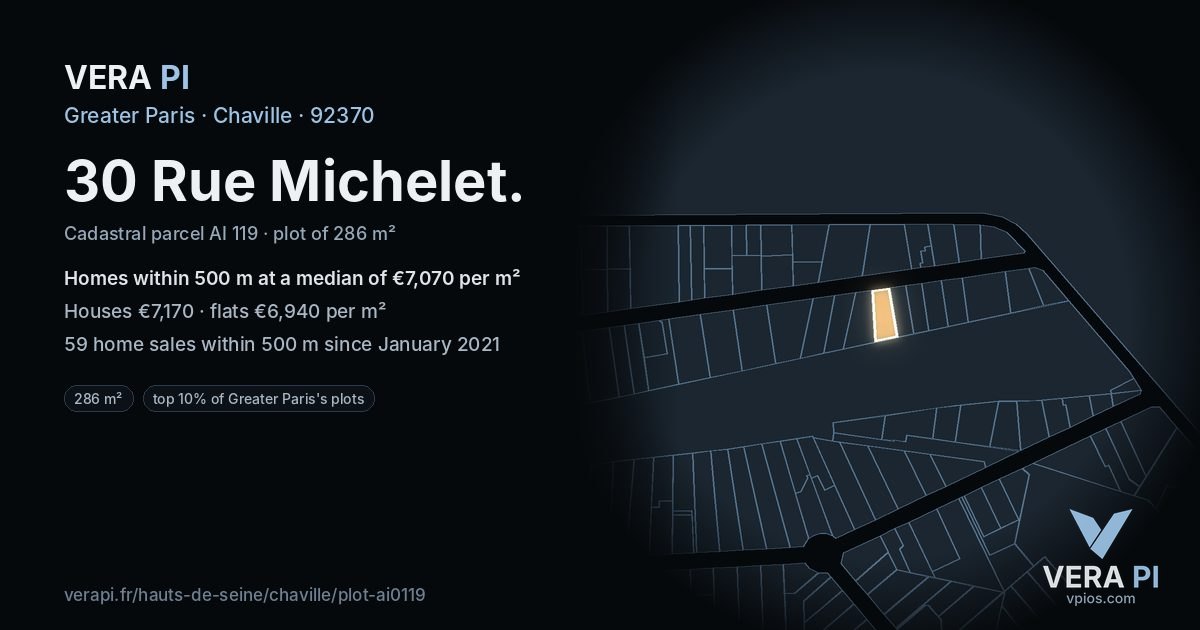 30 Rue Michelet, Chaville at night – the plot lit, the parcels around coloured by the prices near them