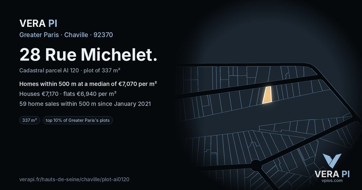 28 Rue Michelet, Chaville at night – the plot lit, the parcels around coloured by the prices near them