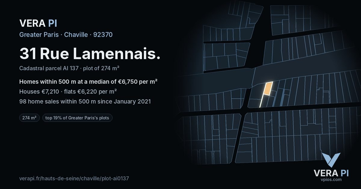 31 Rue Lamennais, Chaville at night – the plot lit, the parcels around coloured by the prices near them