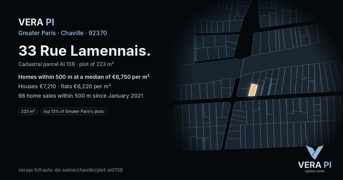 33 Rue Lamennais, Chaville at night – the plot lit, the parcels around coloured by the prices near them