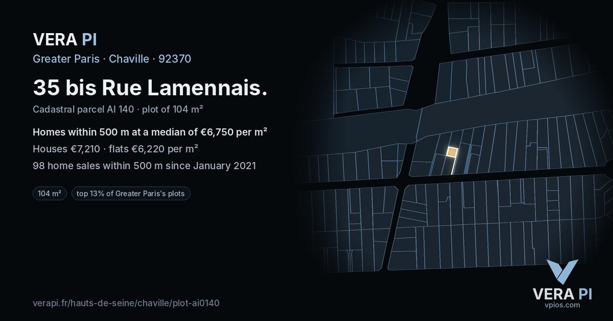 35 bis Rue Lamennais, Chaville at night – the plot lit, the parcels around coloured by the prices near them