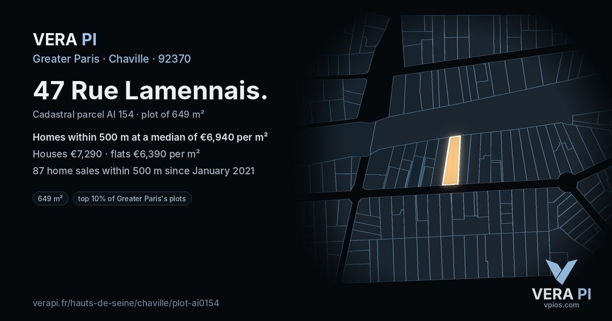 47 Rue Lamennais, Chaville at night – the plot lit, the parcels around coloured by the prices near them