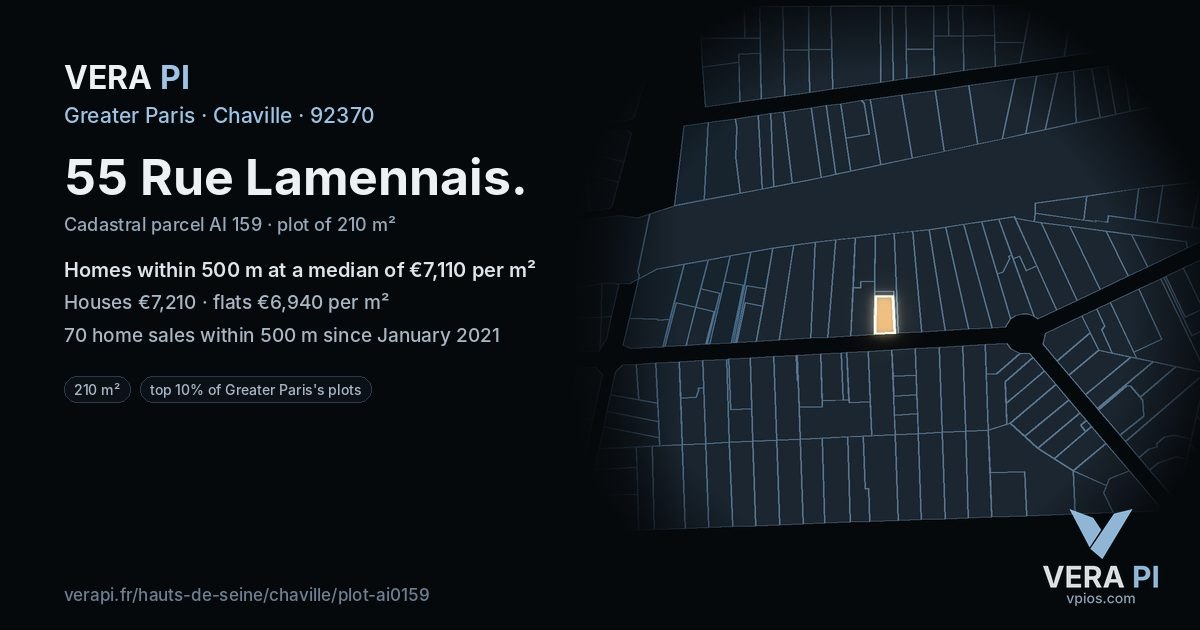 55 Rue Lamennais, Chaville at night – the plot lit, the parcels around coloured by the prices near them