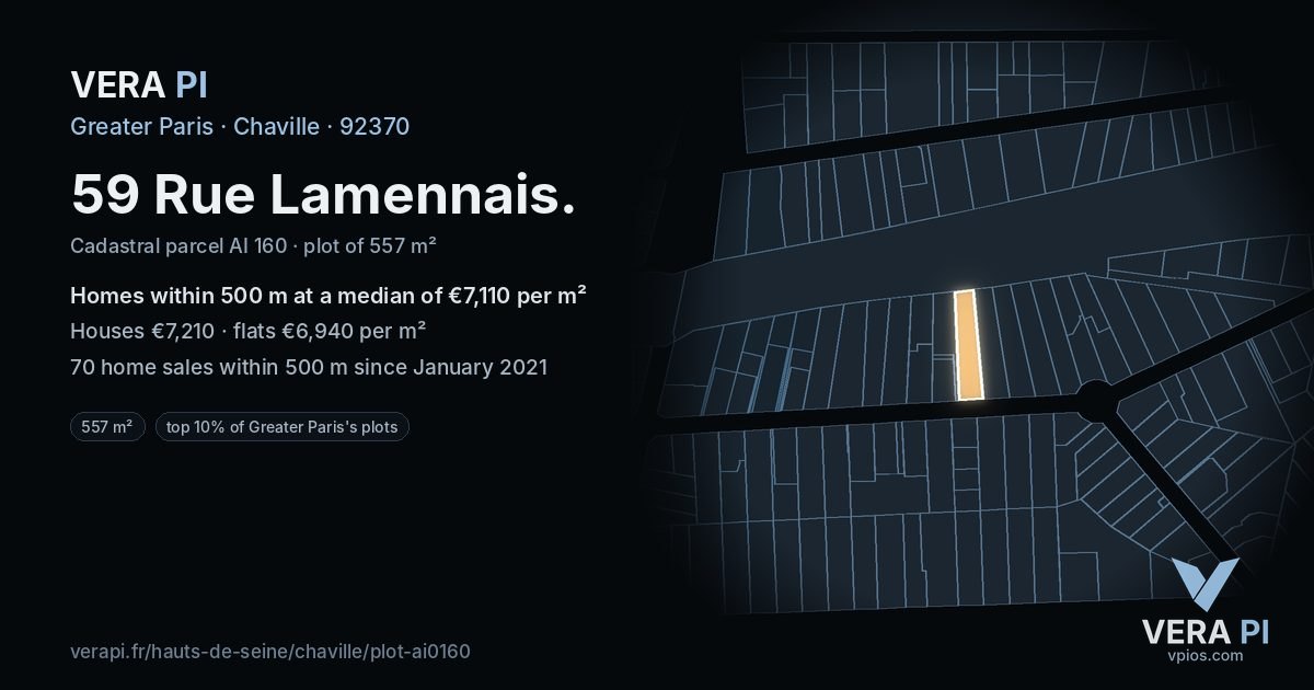 59 Rue Lamennais, Chaville at night – the plot lit, the parcels around coloured by the prices near them