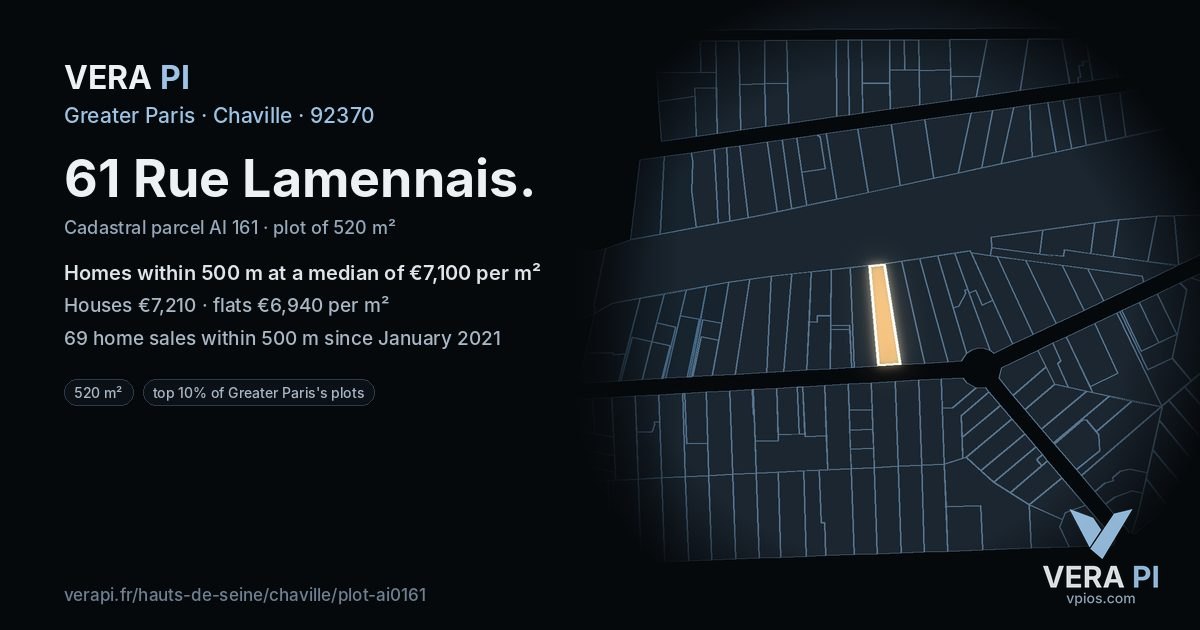 61 Rue Lamennais, Chaville at night – the plot lit, the parcels around coloured by the prices near them