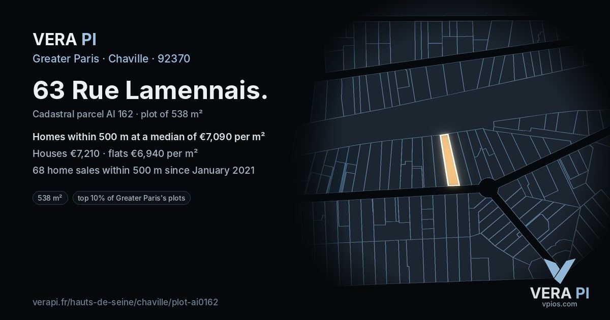 63 Rue Lamennais, Chaville at night – the plot lit, the parcels around coloured by the prices near them