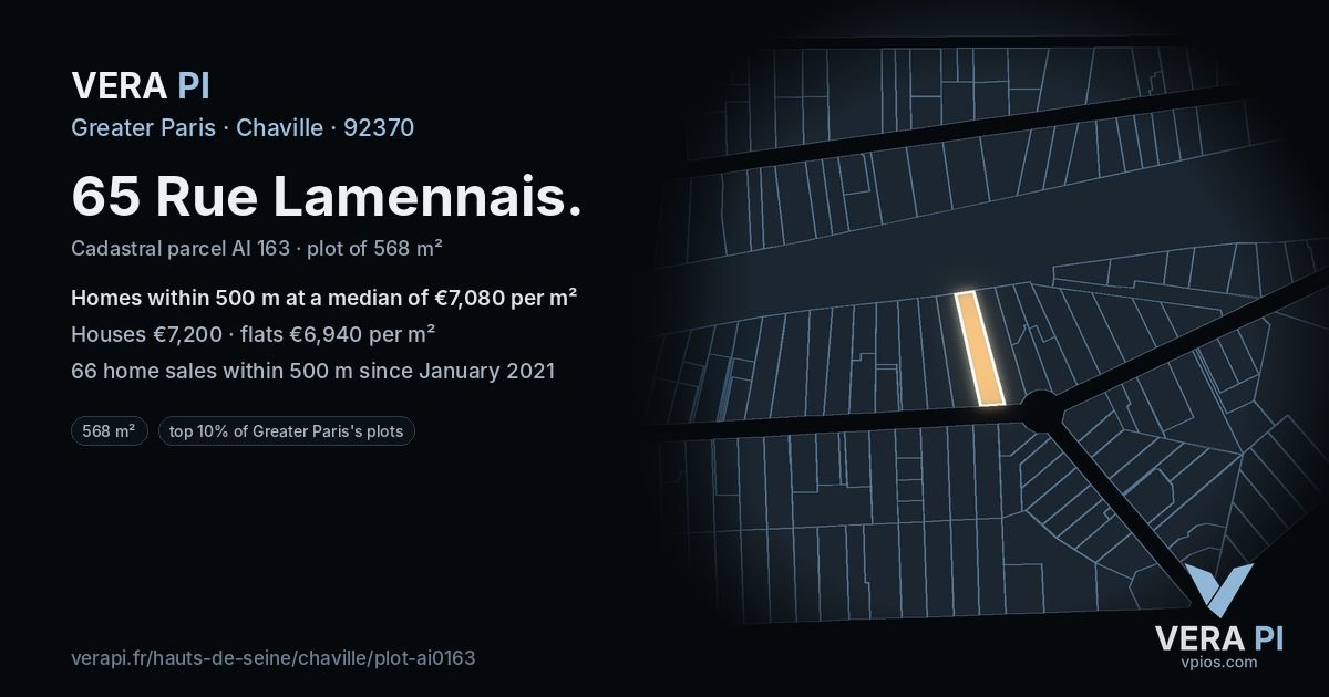 65 Rue Lamennais, Chaville at night – the plot lit, the parcels around coloured by the prices near them