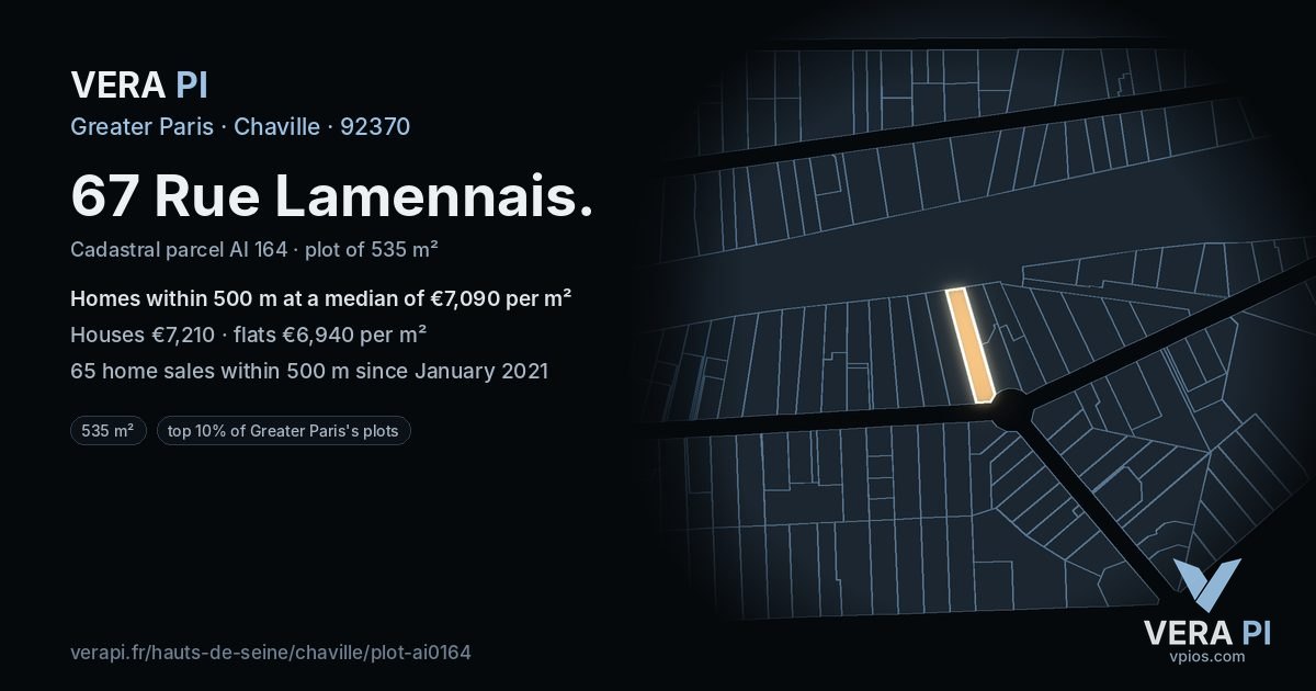 67 Rue Lamennais, Chaville at night – the plot lit, the parcels around coloured by the prices near them