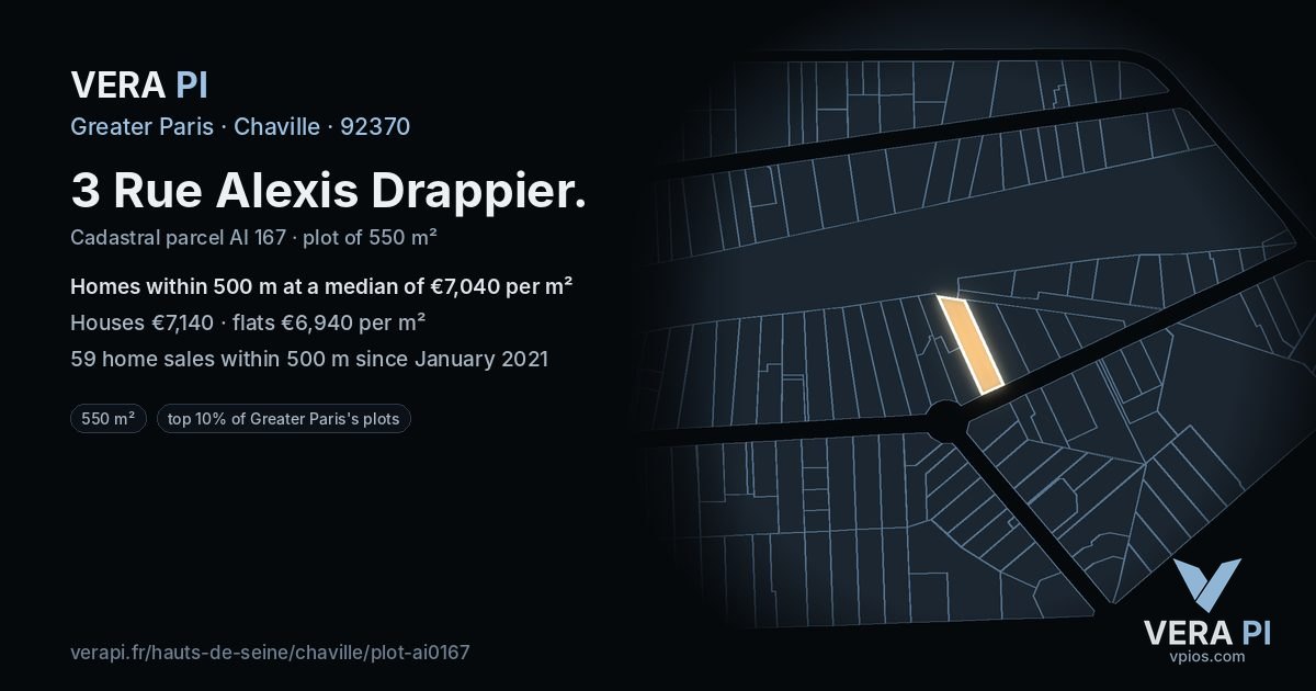 3 Rue Alexis Drappier, Chaville at night – the plot lit, the parcels around coloured by the prices near them