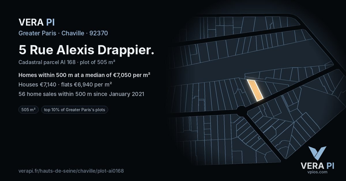 5 Rue Alexis Drappier, Chaville at night – the plot lit, the parcels around coloured by the prices near them