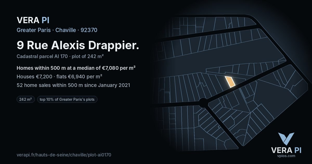 9 Rue Alexis Drappier, Chaville at night – the plot lit, the parcels around coloured by the prices near them