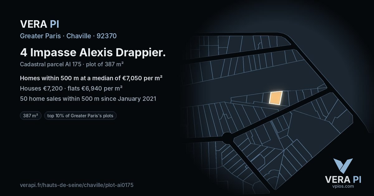 4 Impasse Alexis Drappier, Chaville at night – the plot lit, the parcels around coloured by the prices near them