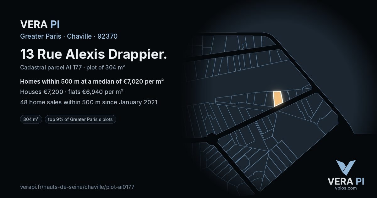 13 Rue Alexis Drappier, Chaville at night – the plot lit, the parcels around coloured by the prices near them