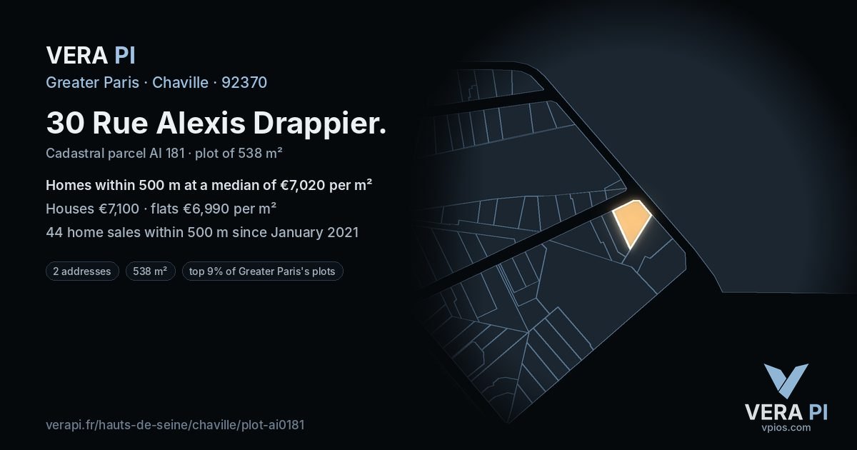 30 Rue Alexis Drappier, Chaville at night – the plot lit, the parcels around coloured by the prices near them