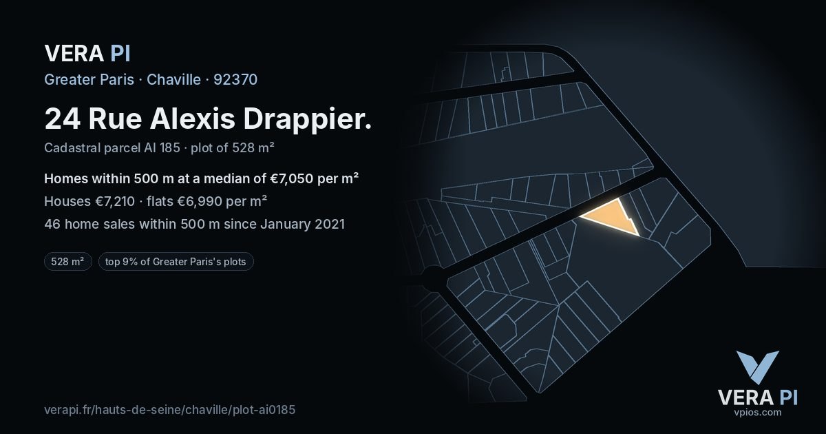 24 Rue Alexis Drappier, Chaville at night – the plot lit, the parcels around coloured by the prices near them
