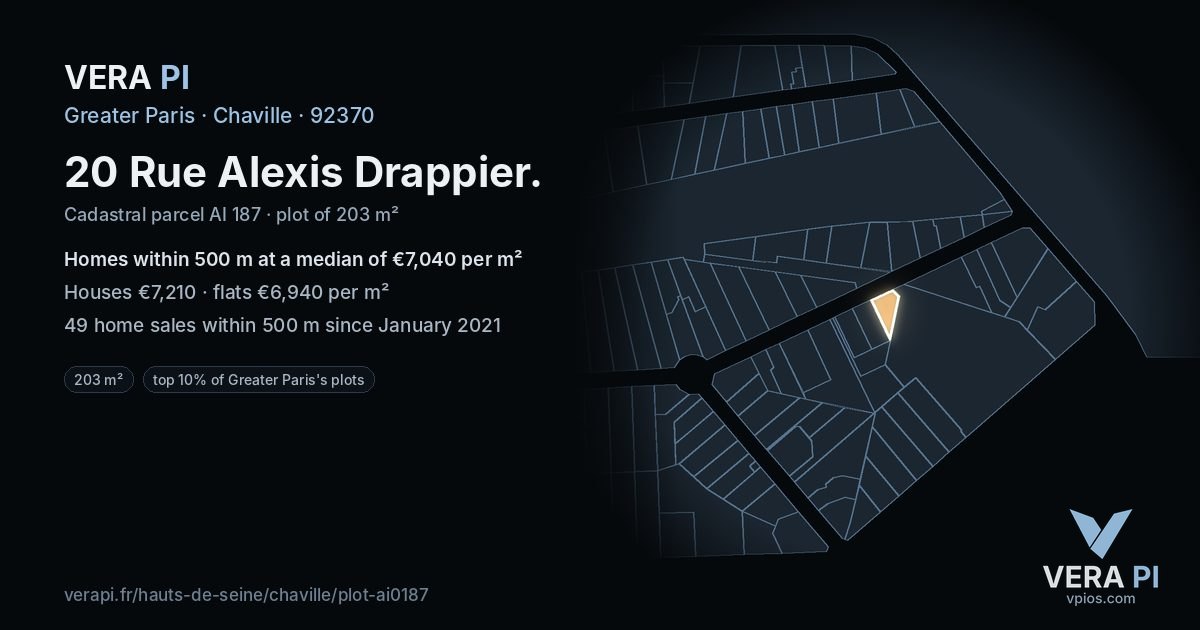 20 Rue Alexis Drappier, Chaville at night – the plot lit, the parcels around coloured by the prices near them