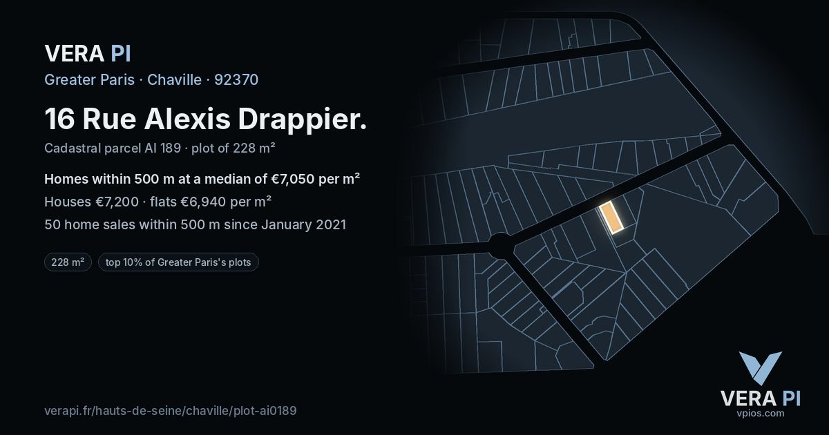 16 Rue Alexis Drappier, Chaville at night – the plot lit, the parcels around coloured by the prices near them
