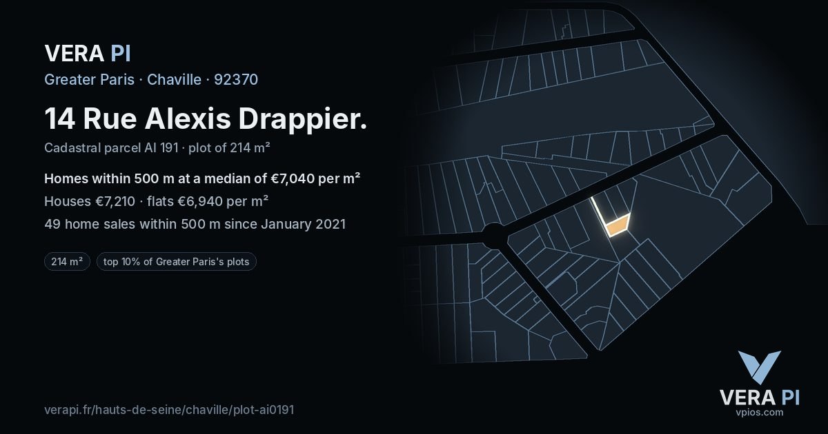14 Rue Alexis Drappier, Chaville at night – the plot lit, the parcels around coloured by the prices near them