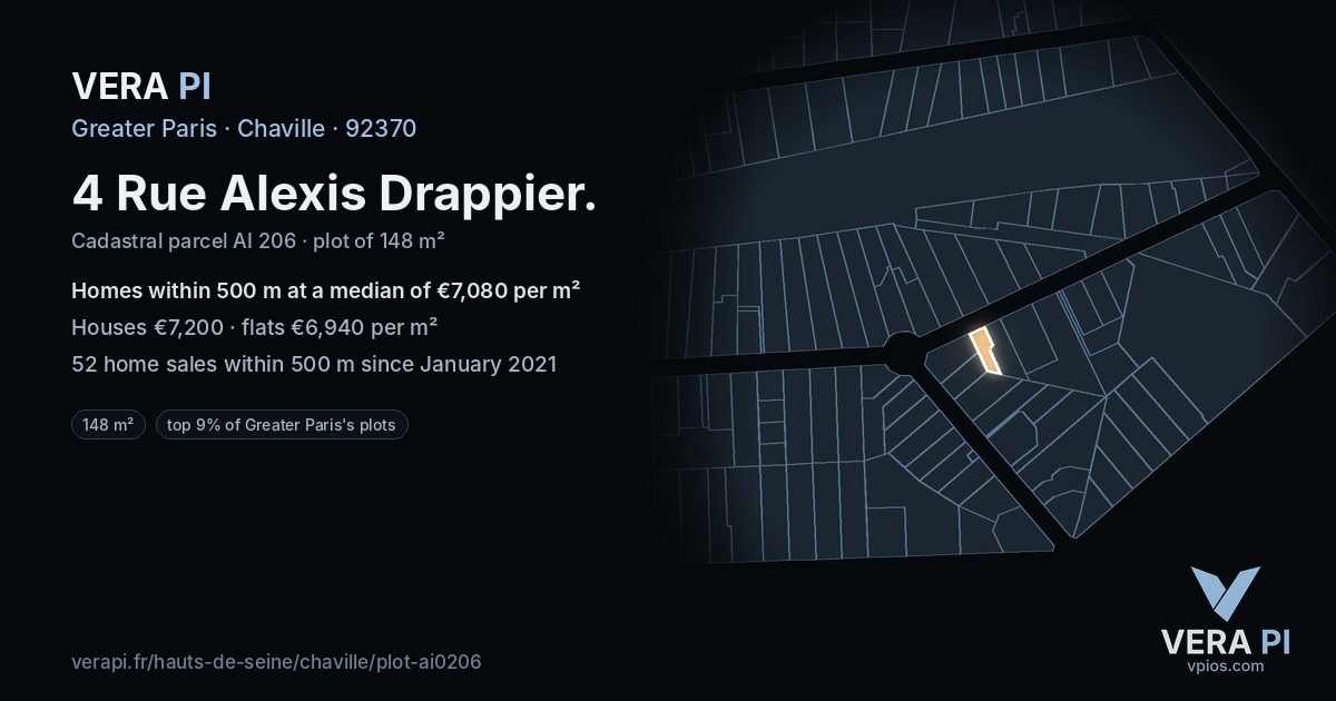 4 Rue Alexis Drappier, Chaville at night – the plot lit, the parcels around coloured by the prices near them