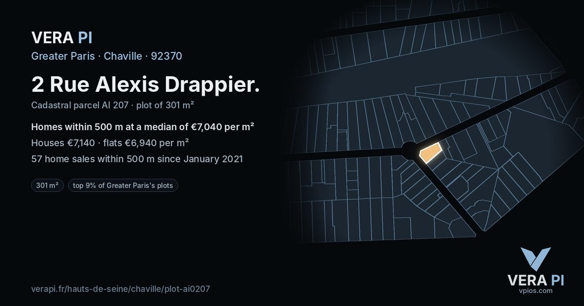 2 Rue Alexis Drappier, Chaville at night – the plot lit, the parcels around coloured by the prices near them