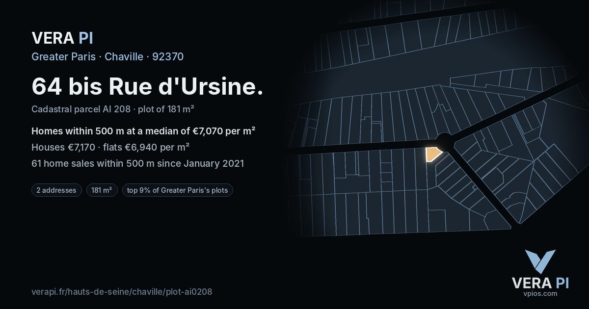 64 bis Rue d'Ursine, Chaville at night – the plot lit, the parcels around coloured by the prices near them