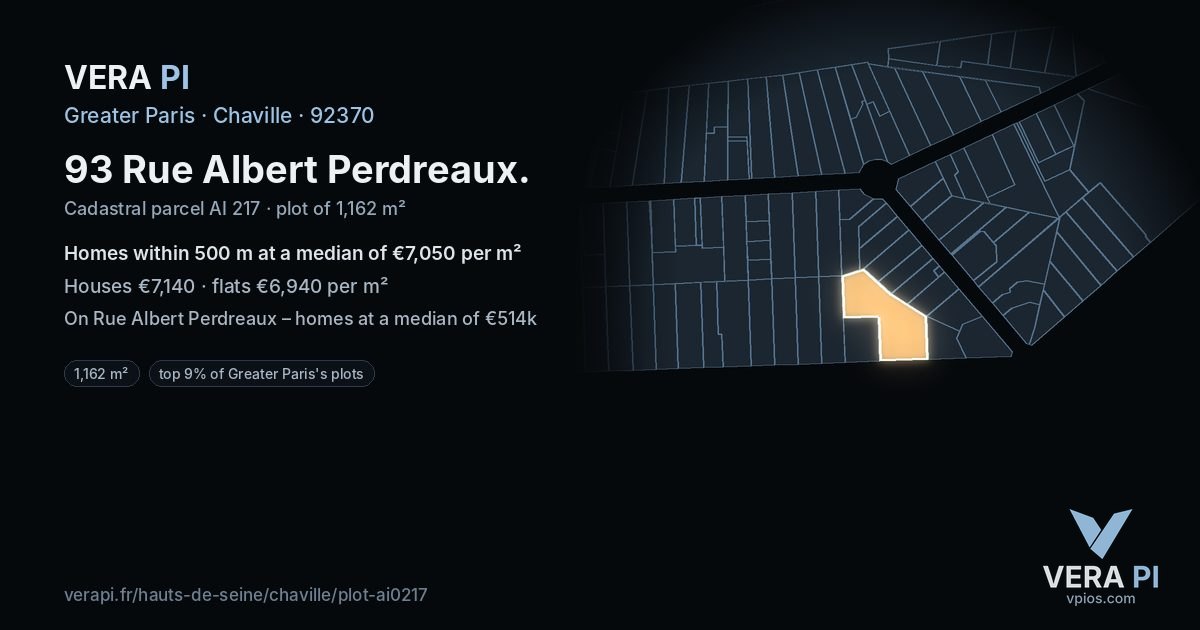 93 Rue Albert Perdreaux, Chaville at night – the plot lit, the parcels around coloured by the prices near them