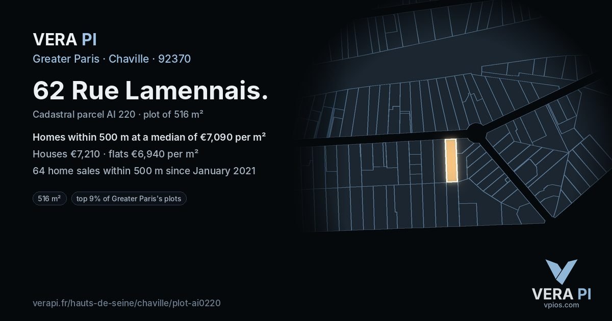 62 Rue Lamennais, Chaville at night – the plot lit, the parcels around coloured by the prices near them