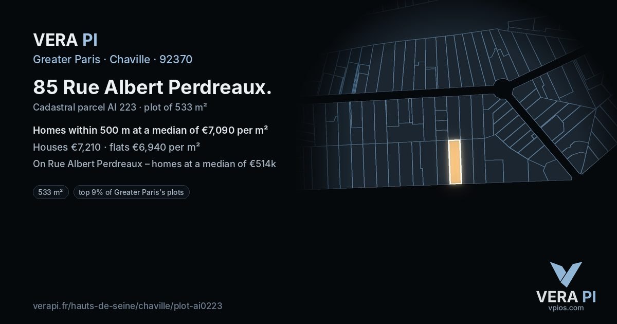85 Rue Albert Perdreaux, Chaville at night – the plot lit, the parcels around coloured by the prices near them