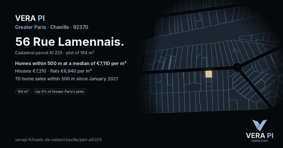 56 Rue Lamennais, Chaville at night – the plot lit, the parcels around coloured by the prices near them