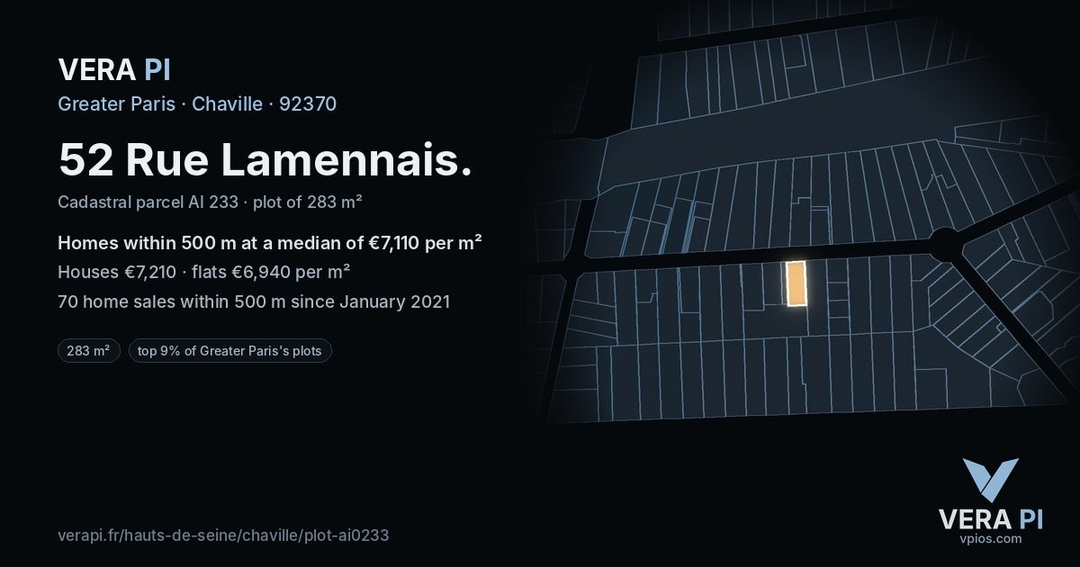 52 Rue Lamennais, Chaville at night – the plot lit, the parcels around coloured by the prices near them