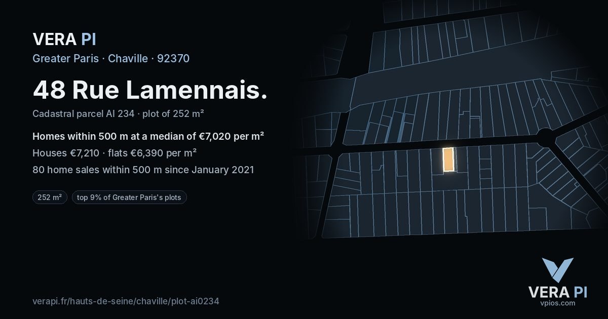 48 Rue Lamennais, Chaville at night – the plot lit, the parcels around coloured by the prices near them