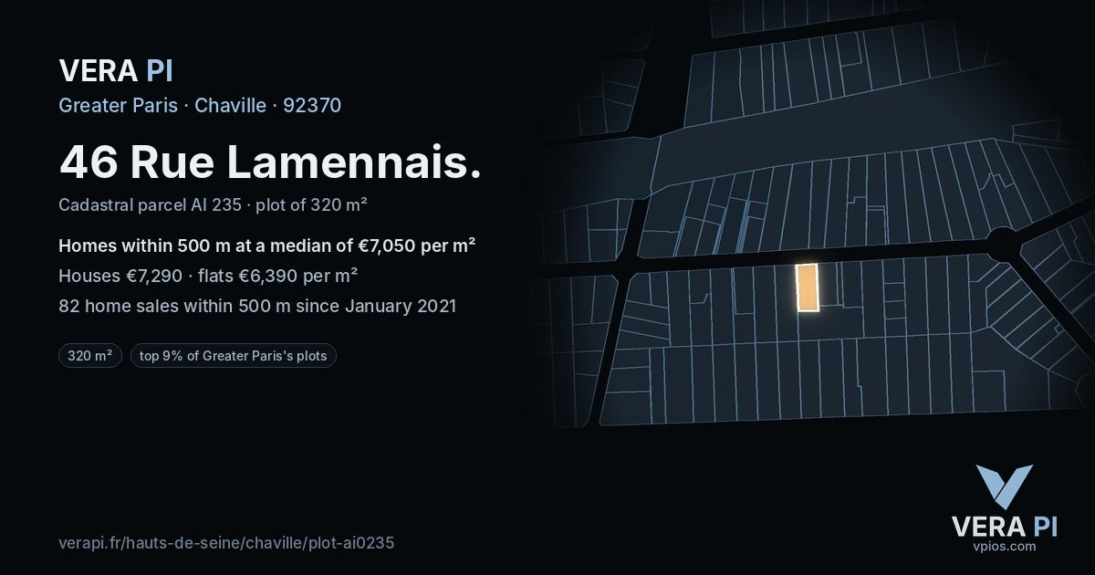 46 Rue Lamennais, Chaville at night – the plot lit, the parcels around coloured by the prices near them