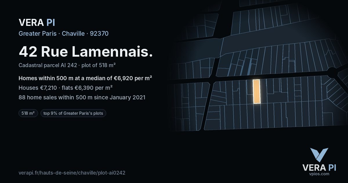 42 Rue Lamennais, Chaville at night – the plot lit, the parcels around coloured by the prices near them