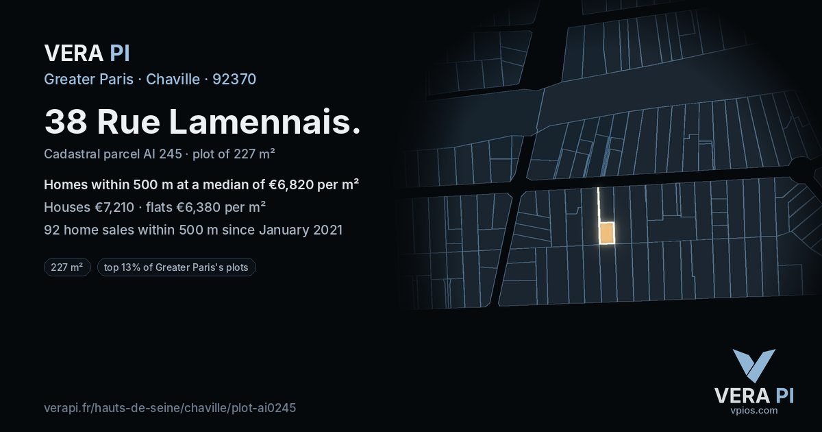 38 Rue Lamennais, Chaville at night – the plot lit, the parcels around coloured by the prices near them