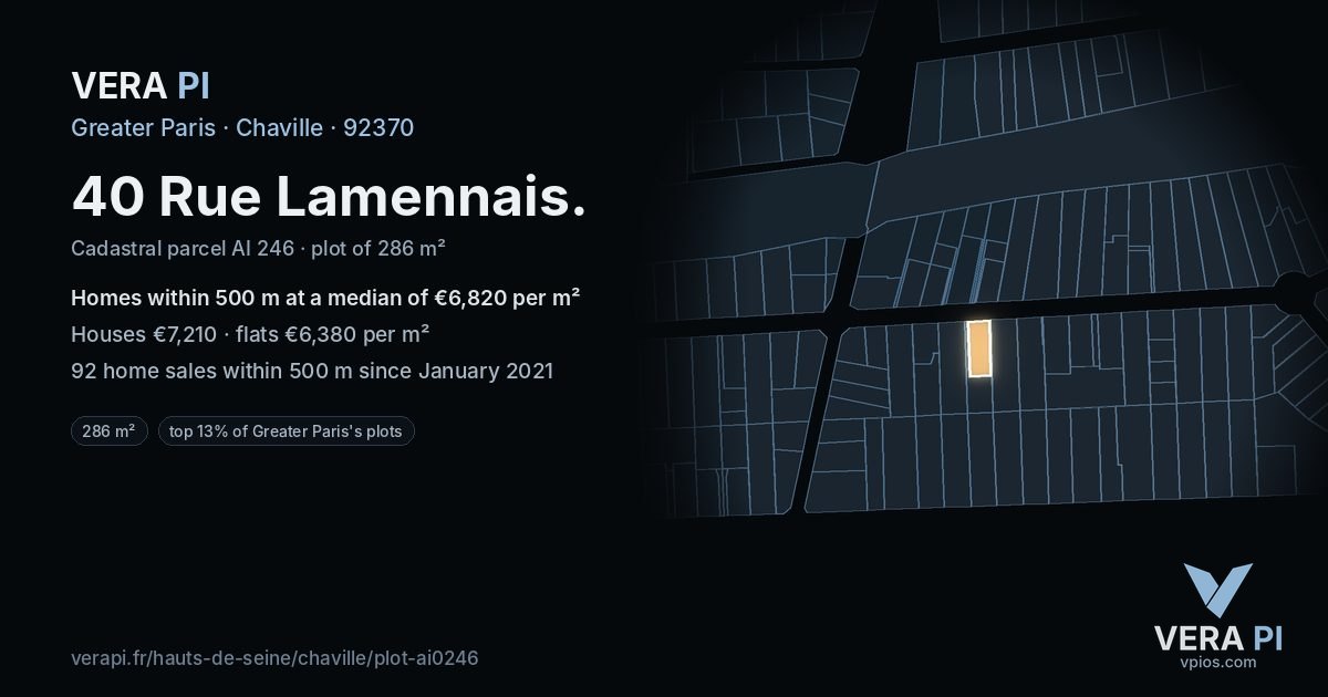40 Rue Lamennais, Chaville at night – the plot lit, the parcels around coloured by the prices near them