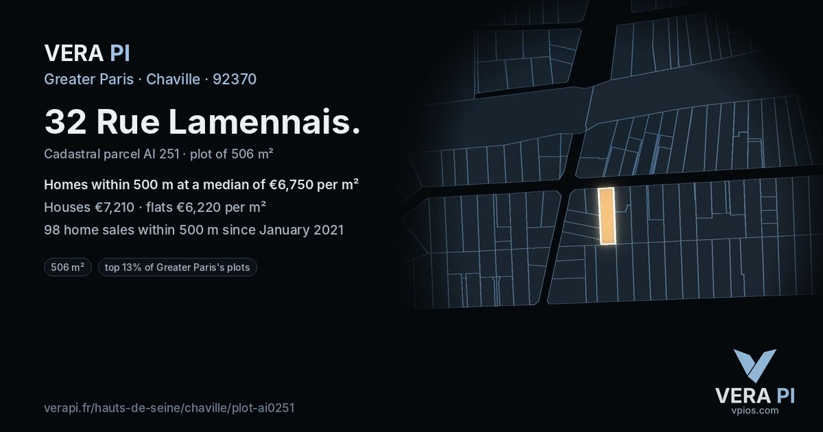 32 Rue Lamennais, Chaville at night – the plot lit, the parcels around coloured by the prices near them