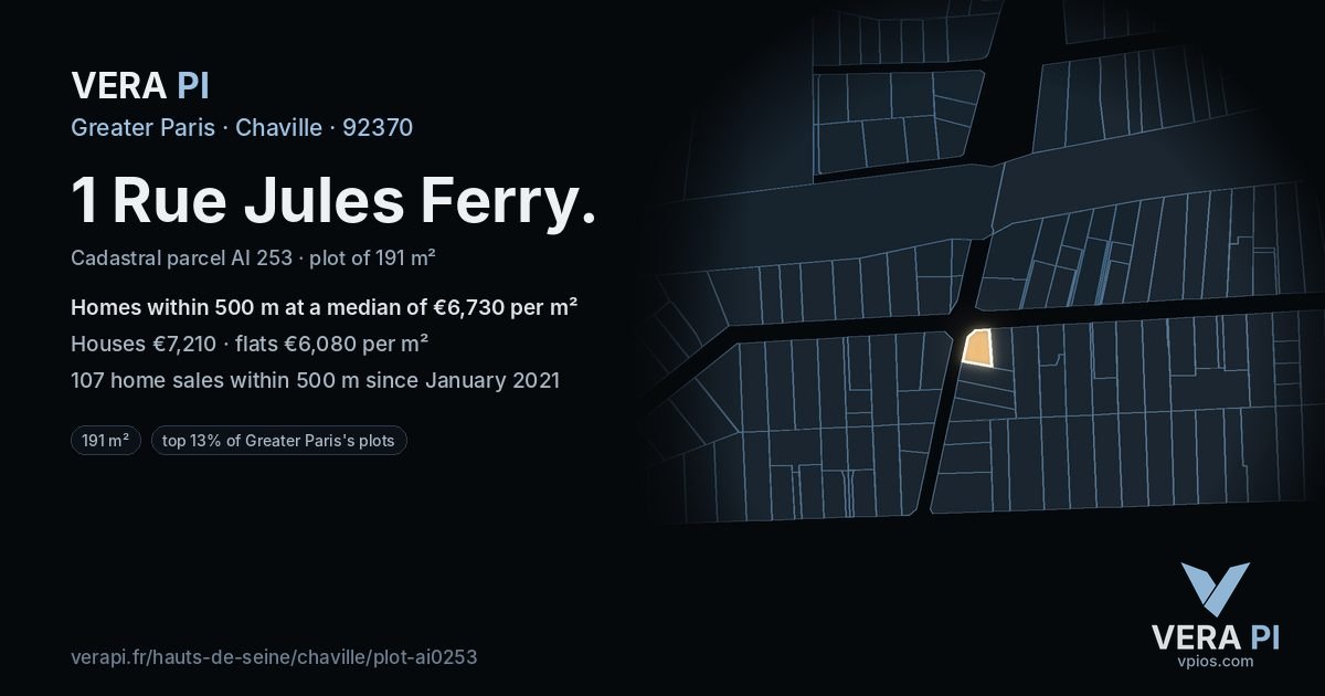 1 Rue Jules Ferry, Chaville at night – the plot lit, the parcels around coloured by the prices near them