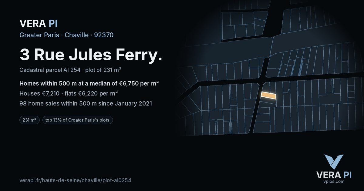 3 Rue Jules Ferry, Chaville at night – the plot lit, the parcels around coloured by the prices near them