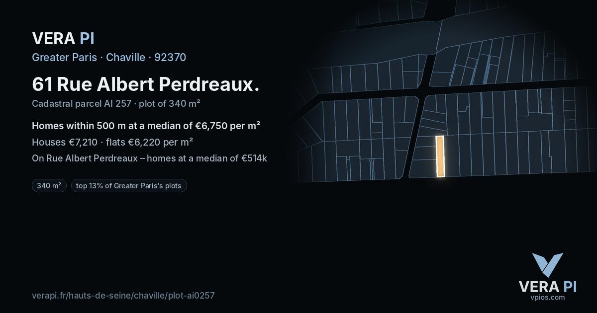 61 Rue Albert Perdreaux, Chaville at night – the plot lit, the parcels around coloured by the prices near them