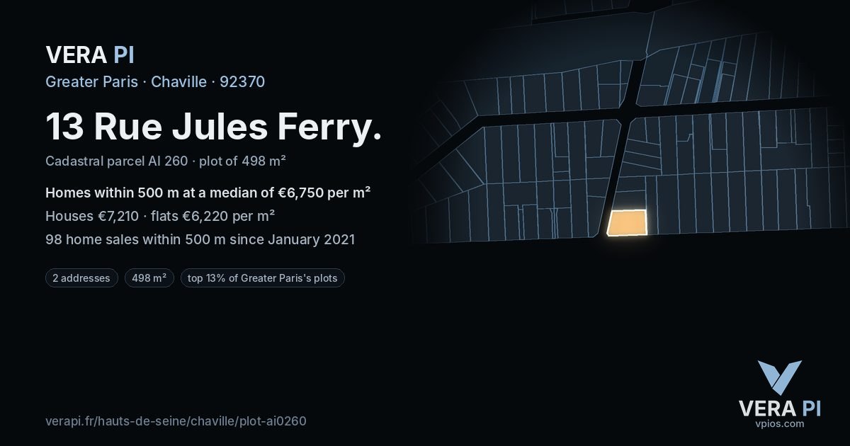 13 Rue Jules Ferry, Chaville at night – the plot lit, the parcels around coloured by the prices near them